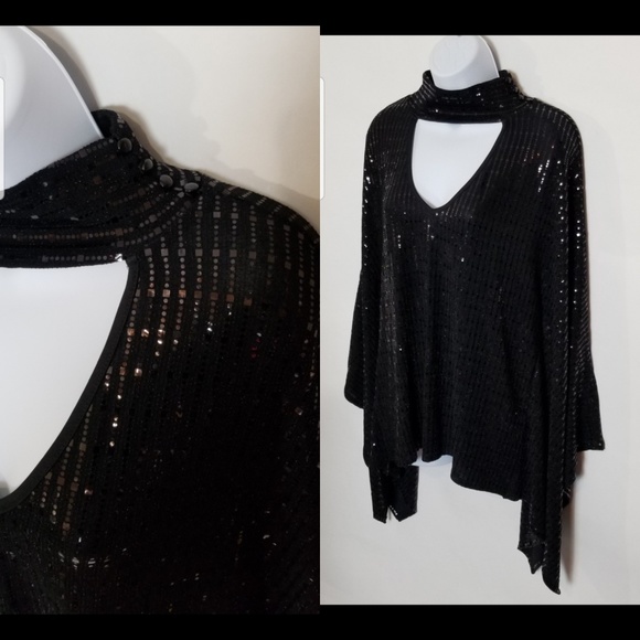 Sequin Poncho Style Top With Batwing Sleeves - Picture 7 of 7
